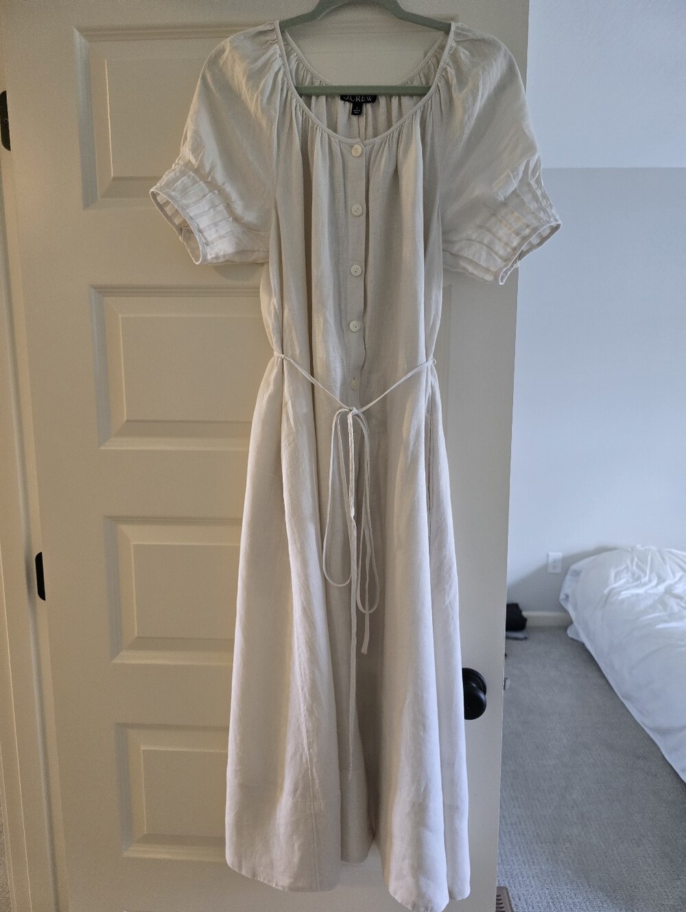 J. Crew Light Cream Button-Front Midi Dress with Tie Waist. 100%linen